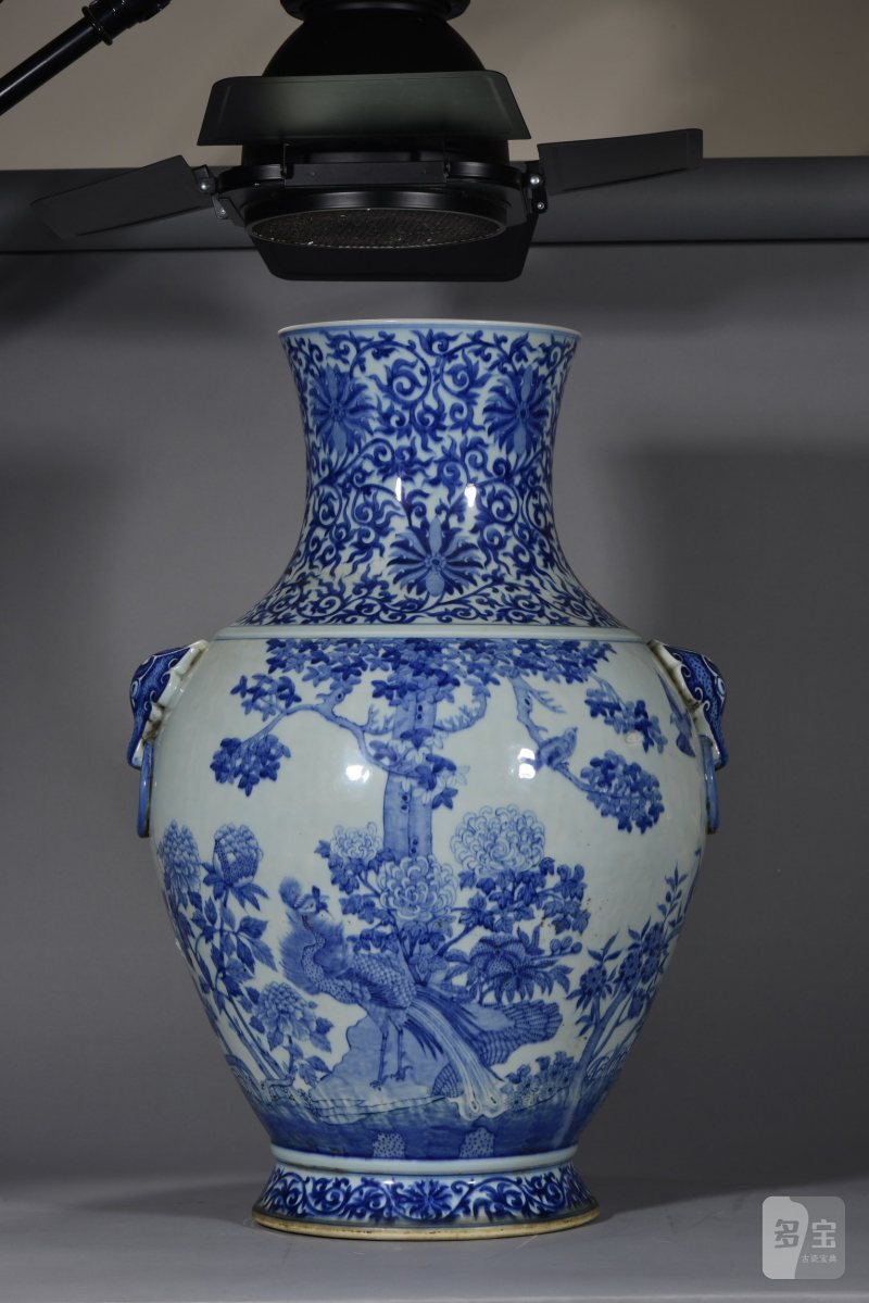 清中期 青花百鸟朝凤纹辐首耳大尊 - 图2